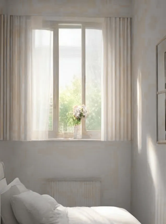 Chambre individuelle claire, lit fait et table de chevet.