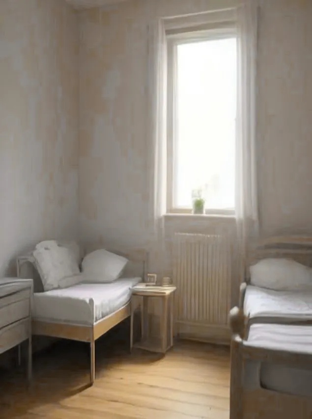 Chambre lumineuse avec une grande plante verte.