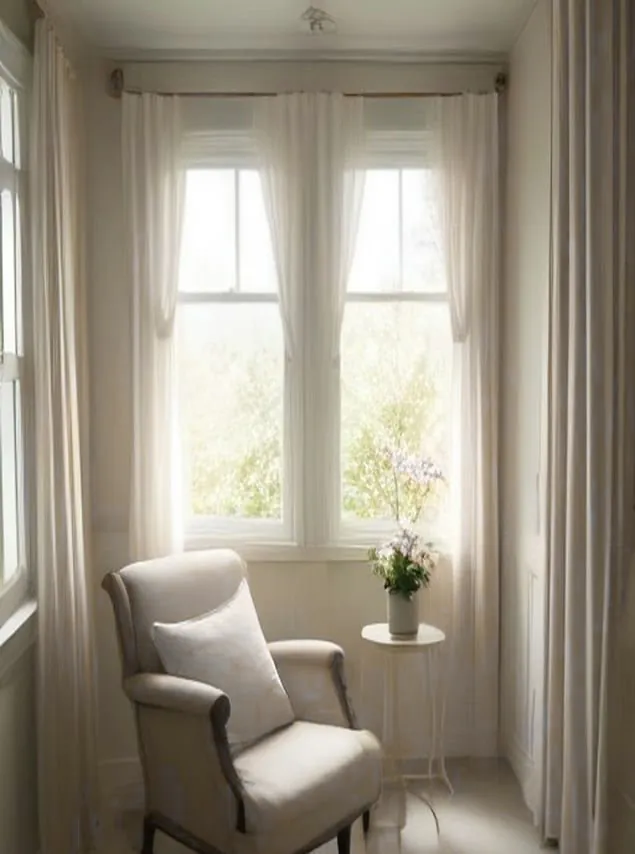 Chambre sobre, lit fait, lumière naturelle.