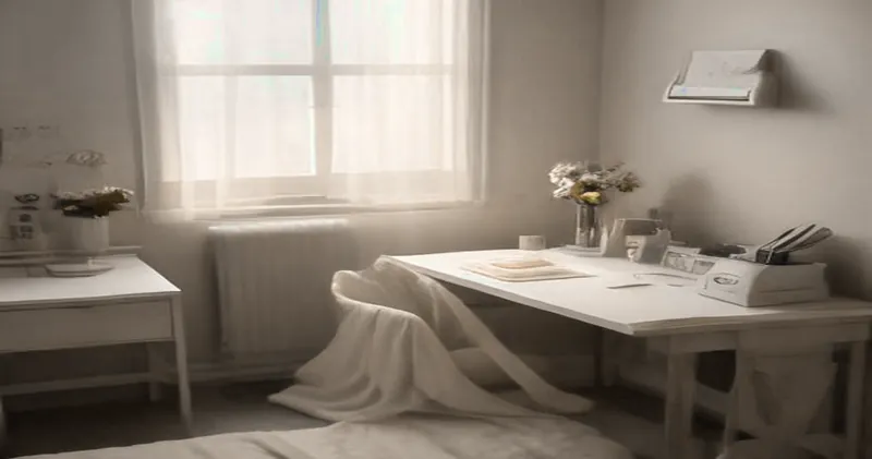 Le poste de soins la nuit : une lampe allumée, une tasse de thé, des roses.