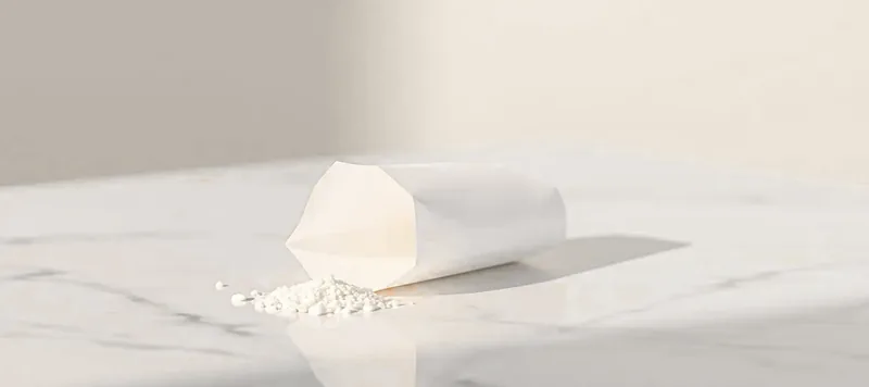 Un petit sachet de papier plié, ouvert, et quelques cristaux blancs à côté.