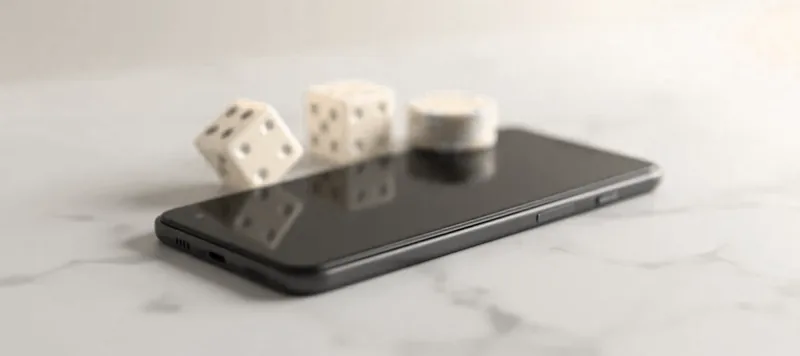 Un téléphone posé face contre table, deux dés clairs et une pile de jetons.