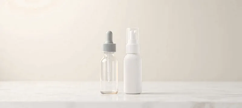 Un petit flacon médical en verre à bouchon gris et un spray nasal blanc.