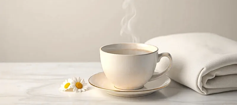 Une tasse de camomille fumante et une couverture claire pliée à côté.