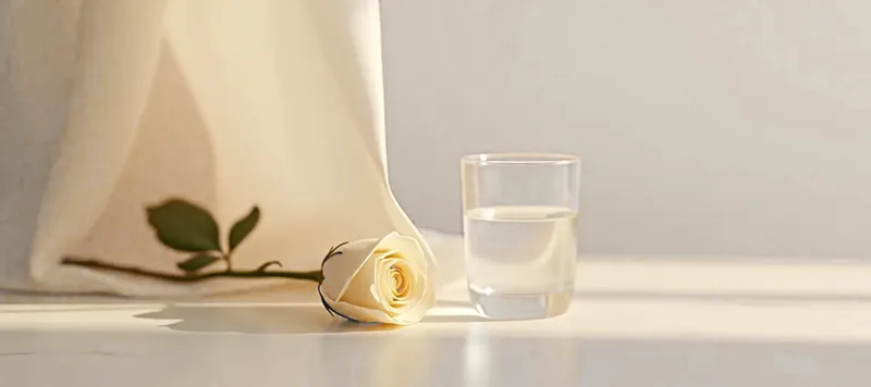 Une rose blanche fanée à côté d'un verre d'eau, un rideau clair et la lumière du matin.